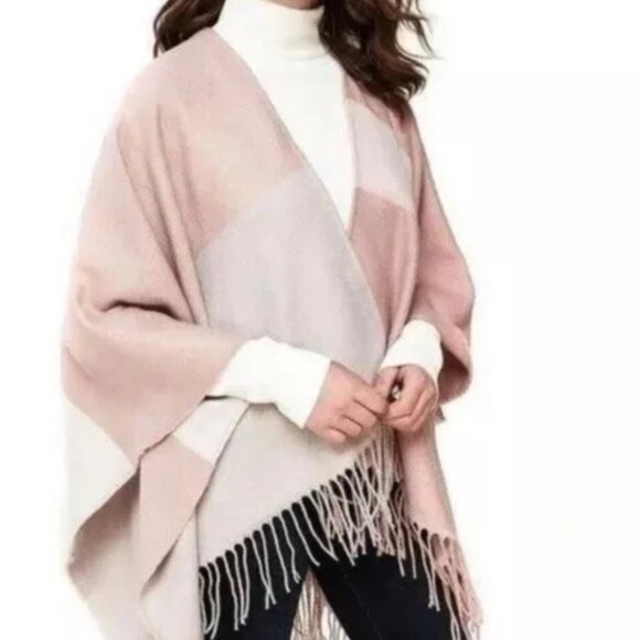 Soja  & KYO Colorblock BlushPink Fringe Poncho Scarf-Cardigan (OS) - Picture 1 of 8